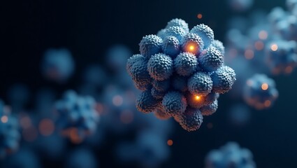 Stunning scientific macro view of a glowing blue virus cluster with warm orange internal light, representing health innovation.