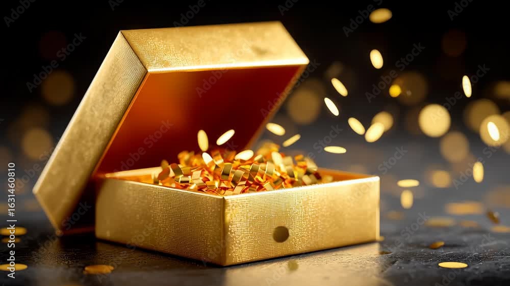 Poster golden gift box overflowing with shiny confetti, surrounded by sparkling bokeh lights, creating a fe