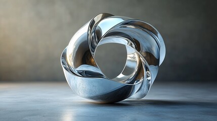 Shiny abstract torus sculpture, reflective surface distorts light. Modern metallic art on concrete floor