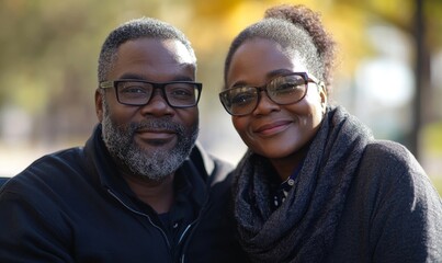Candid close-up portrait of a disabled middle-aged Black African American couple in a sunny park in wheelchairs, capturing an inclusive and loving moment, Generative AI