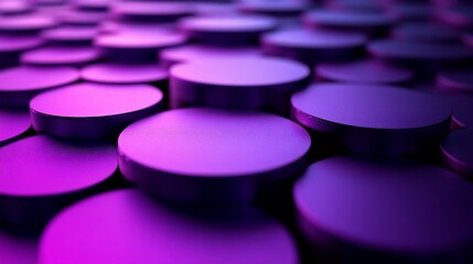 Abstract 3D render of overlapping purple and violet circles, creating a dynamic and textured pattern with varying light and shadow effects