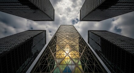 Dramatic urban landscape featuring modern architecture and skyscraper buildings reaching towards cloudy sky providing a unique perspective of city life