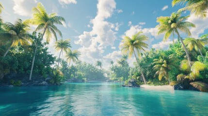 Fototapeta premium Tropical island paradise scene with lush vegetation.