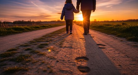 Child & adult walk on dirt road at sunset, hand-in-hand, seen from behind