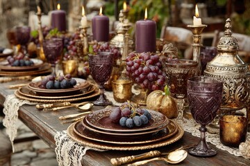 Rustic autumnal table setting with grapes, candles, and metallic accents
