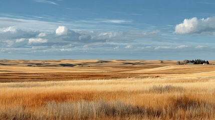 Vast golden prairie landscape under a partly cloudy sky