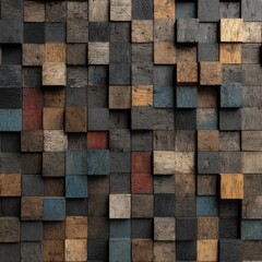 A wall of varied-toned, small wooden cubes