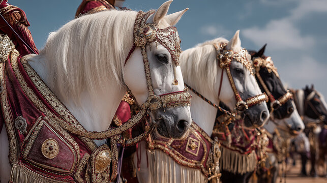 Moroccan Fantasia, elaborately adorned Arabian horses standing proudly before the parade