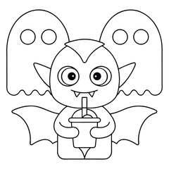 Cartoon vampire with bat wings drinking from a cup with two ghosts behind halloween dracula