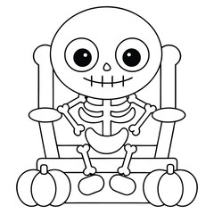 Cartoon skeleton sitting in a rocking chair with pumpkins vector illustration