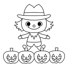 Cheerful cartoon scarecrow wearing a hat standing on a row of carved pumpkins halloween jack o lantern