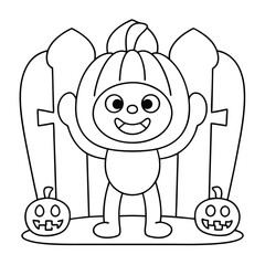 Child in pumpkin costume with jack-o-lanterns and tombstones halloween