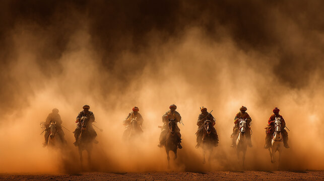 Moroccan Fantasia, row of riders in traditional Berber attire charging on horses, synchronized gunfire in dramatic dust cloud