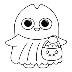 Cute cartoon ghost holding a trick or treat bag with a happy face and big eyes halloween character