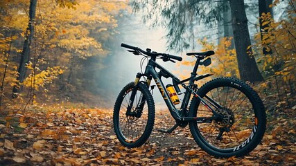 Mountain bike parked on a leaf-covered trail amidst a foggy autumn forest setting - Powered by Adobe