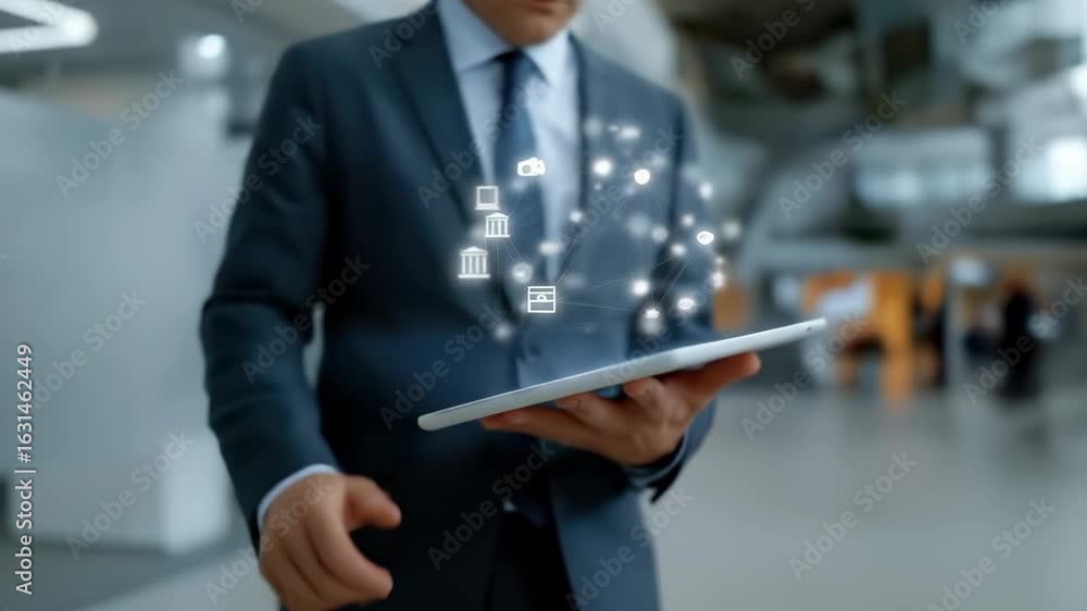Poster a man is using a tablet to type on a screen with a lot of icons. concept of modern technology and th