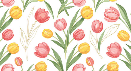 Obraz premium Seamless pattern illustration featuring pink and yellow tulips with green leaves on a white background