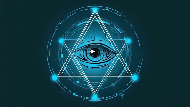 An abstract blue and white eye symbol within sacred shapes, combining spiritual symbolism with minimalist, mystical design.
