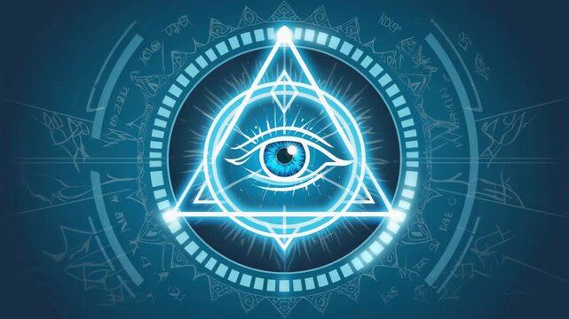 An abstract blue and white eye symbol within sacred shapes, combining spiritual symbolism with minimalist, mystical design.
