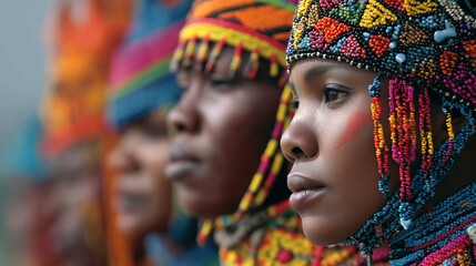 Fototapeta premium Umkhosi Womhlanga Reed Dance, close-up of intricate beaded jewelry and headdresses worn by participants