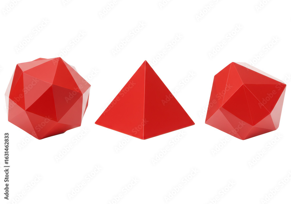 Poster three red geometric shapes including a pyramid and polyhedrons isolated on transparent background