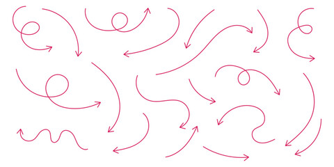 set of black thin line curve arrow. hand drawn direction arrow vector illustration.