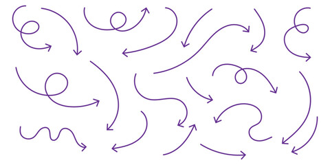 set of black thin line curve arrow. hand drawn direction arrow vector illustration.