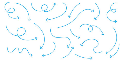 set of black thin line curve arrow. hand drawn direction arrow vector illustration.