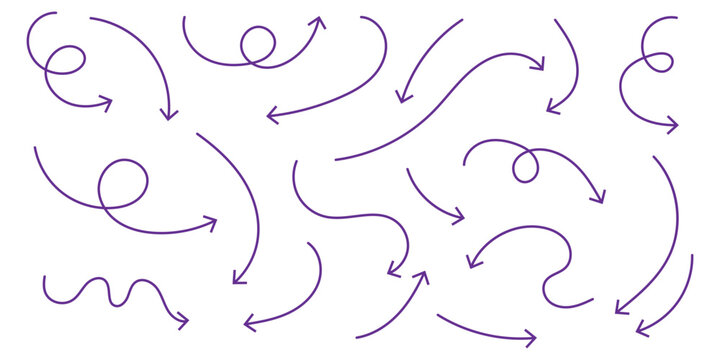 set of black thin line curve arrow. hand drawn direction arrow vector illustration.