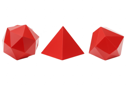 Three red geometric shapes including a pyramid and polyhedrons isolated on transparent background - Powered by Adobe