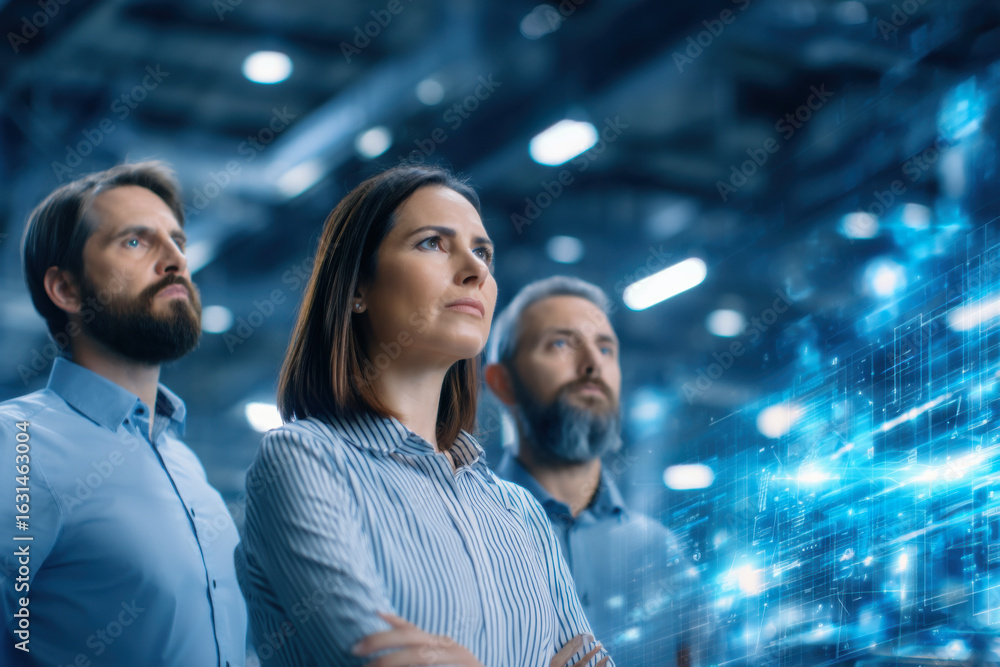 Poster three professionals observe futuristic technology, highlighting innovation and teamwork in a modern 