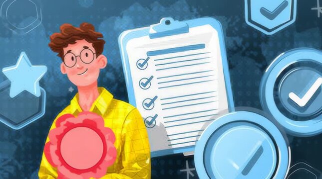 Cartoon man with glasses, yellow shirt, ribbon, clipboard, checks, and coins on a blue background