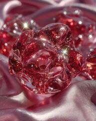 Close-up of several red glass orbs on pink satin