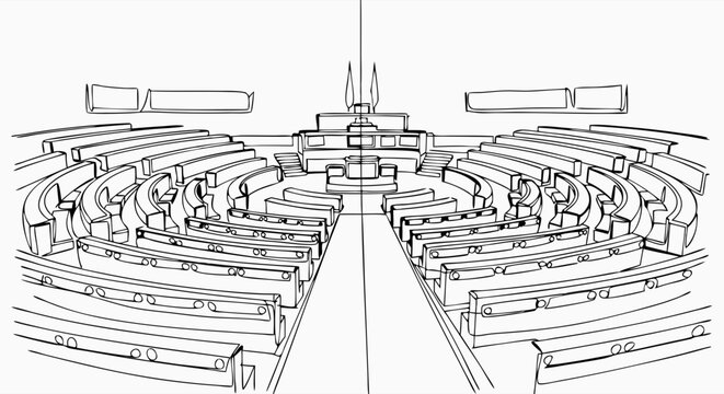 Meeting hall: A detailed line drawing showcases an expansive assembly hall, meticulously outlining rows of seats and a central platform.