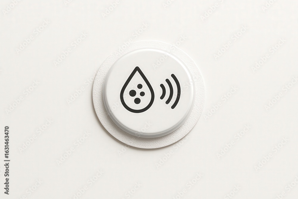 Poster modern circular interface design featuring a water droplet icon and soundwave symbol against a clean