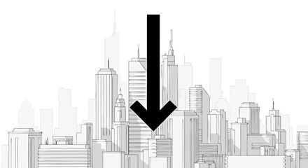 Obraz premium A bold black arrow points downwards into a stylized, monochromatic cityscape featuring various modern urban buildings and skyscrapers.