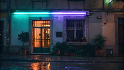 Facade of a building with neon lights and plants on a rainy night