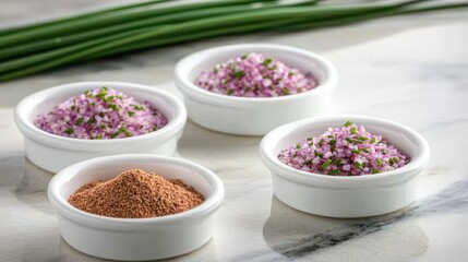 Chive blossoms sprinkled over bowls of onion powder, blossoms levitating gently, delicate and charming