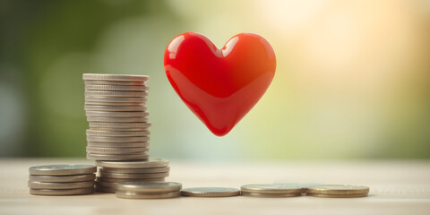 A heart-shaped red object beside coins stacks, representing health insurance costs, soft natural lighting.