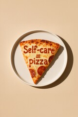 Funny pizza quote photo with pepperoni slice and ketchup lettering “Self-care equals pizza”. Humorous food message in minimal aesthetic for posters, kitchen prints, or social media.
