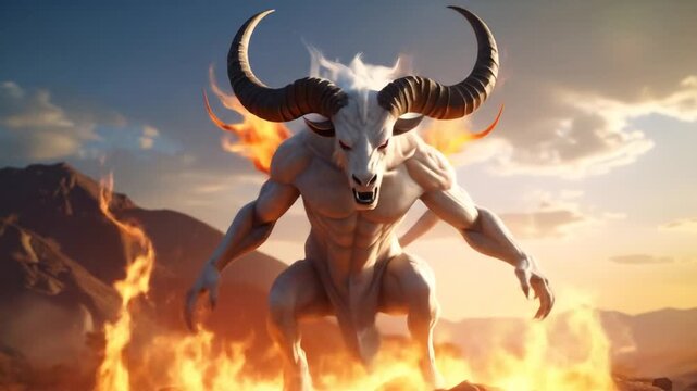Mythical beast standing in fiery landscape