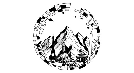 Stylized black and white illustration of famous global landmarks including the Eiffel Tower, Colosseum, and Washington Monument, with mountains, framed in a decorative circle.