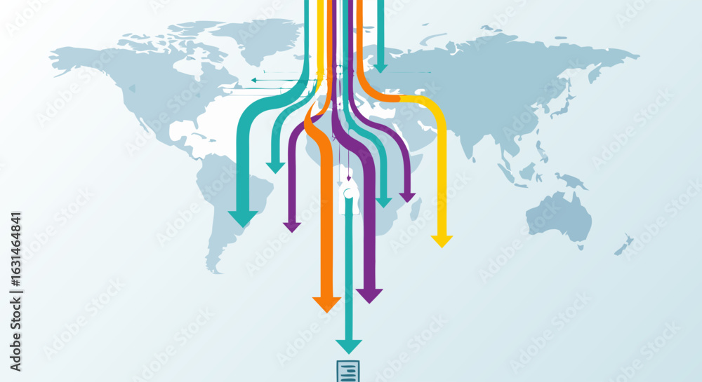 Poster global data streams depicted by vibrant arrows converging from a world map to a network symbol.