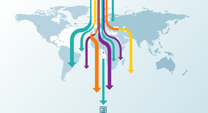 Global data streams depicted by vibrant arrows converging from a world map to a network symbol.