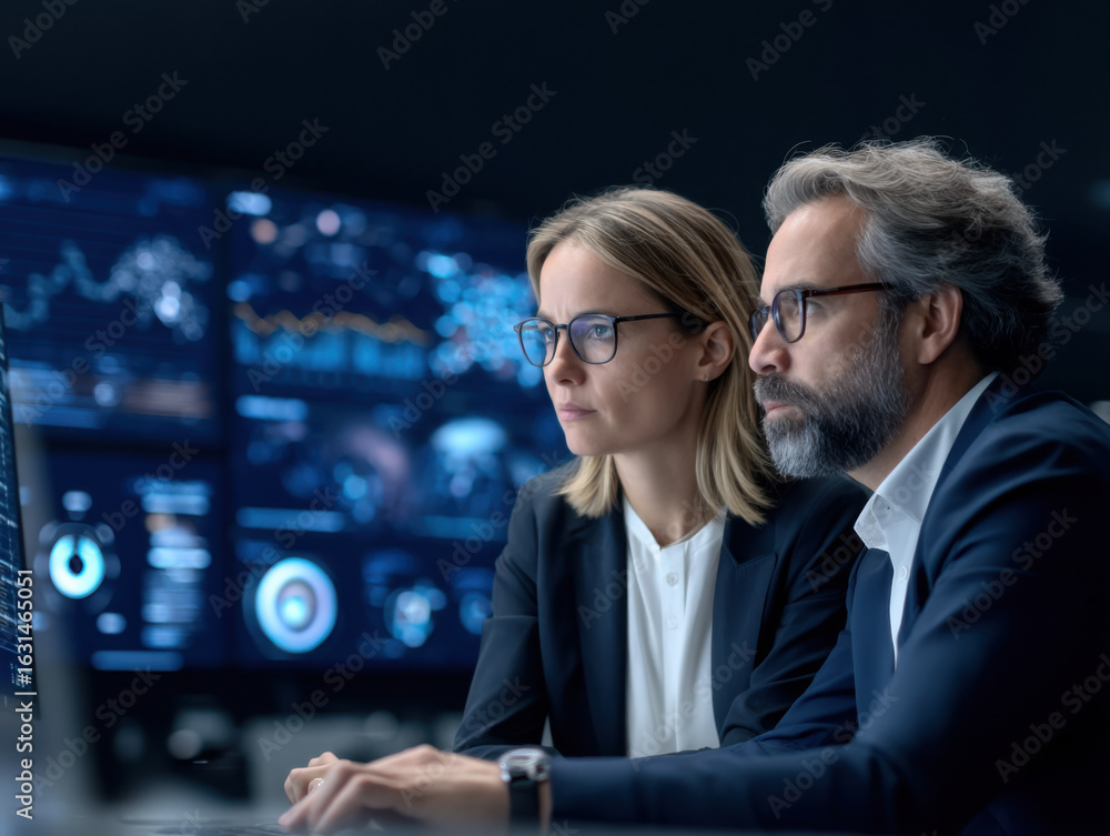 Poster two professionals analyze data on screens, demonstrating teamwork and focus in a modern workspace fi