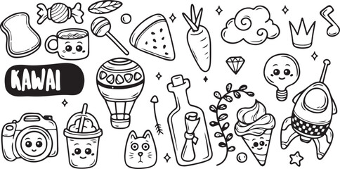 Food and Veggie Doodle Vector Set – Pizza, Burger, Carrot, Mushrooms, Fast Food, Healthy Food, Kitchen, Meal, Cartoon, Kids, Snack, Fun, Line Art, Vegetable, Tasty, Icon, Minimal, Hand-Drawn, Cute