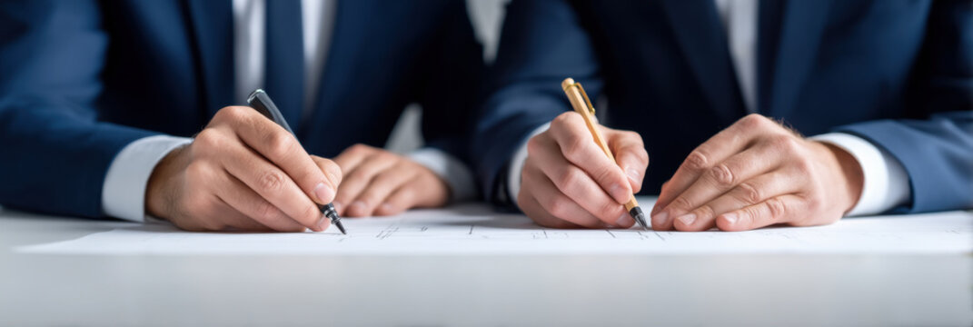 Two hands in business attire are signing documents with pens, symbolizing collaboration and agreement in a professional setting.