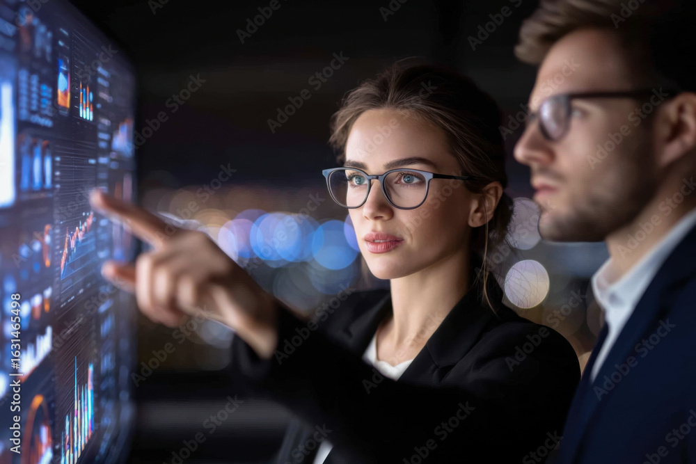 Poster a professional woman engages with data visualizations on a screen while a man observes, highlighting
