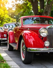 Classic red cars in a park