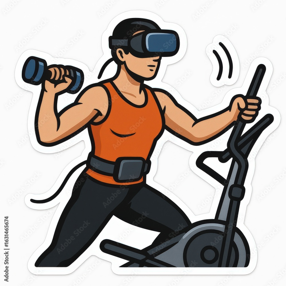 Poster dynamic fitness enthusiast engaging in immersive virtual reality workout using advanced exercise equ